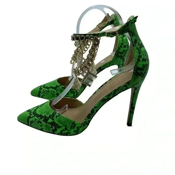 New Bebe ankle snake print strap stiletto heel rhinestone dangle letter size 9 - Picture 3 of 9